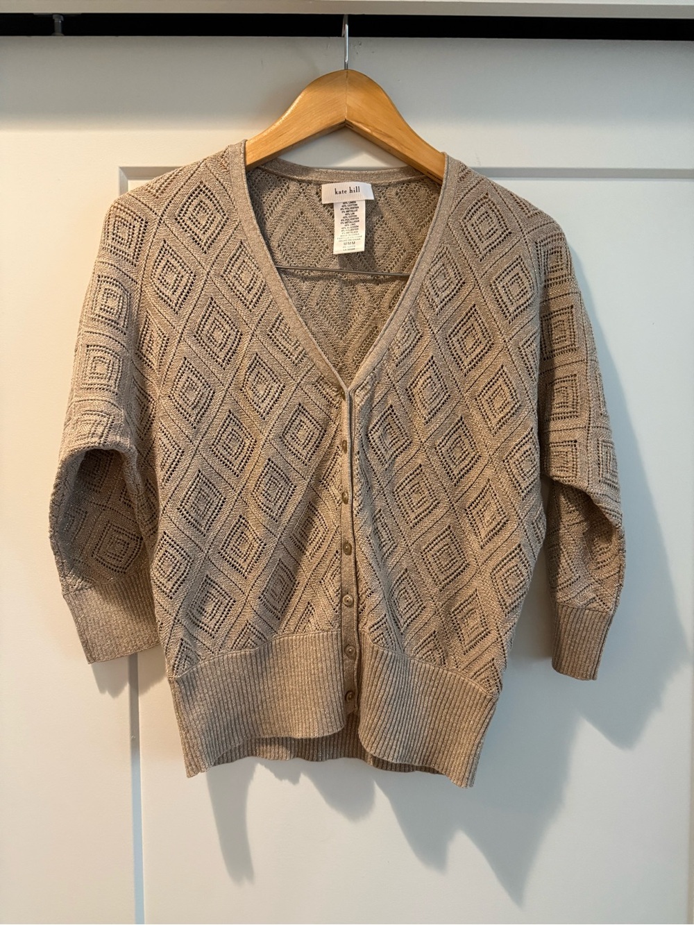 Kate Hill Tan Diamond Knit V-Neck Button Front Cardigan Medium